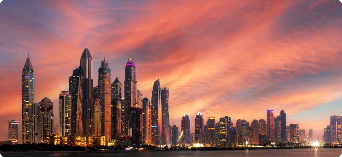 Dubai Marina skyline at sunset