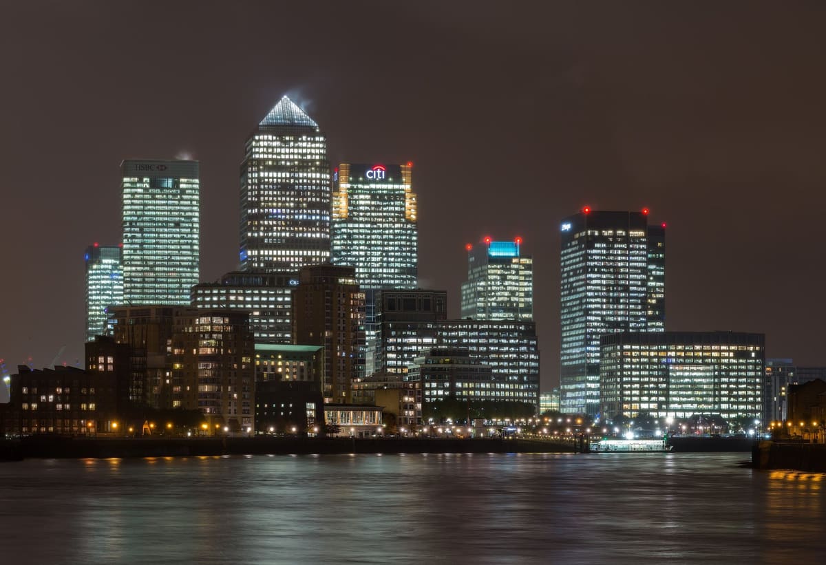 London’s Canary Wharf reflected in the Thames