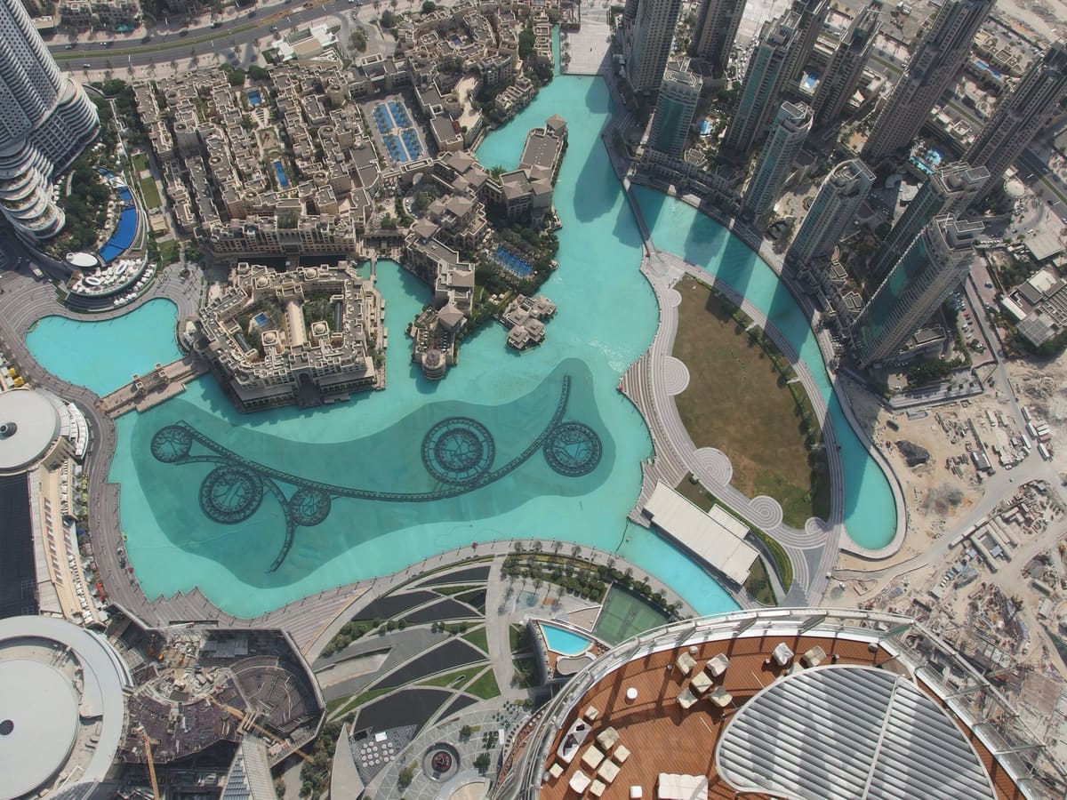 Downtown Dubai and the fountain lake from above
